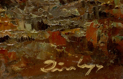 Oil painting Mountains shrouded in fog European artist