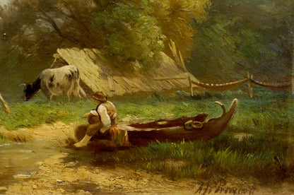 Oil painting Cows in a pasture by the river Unknown artist