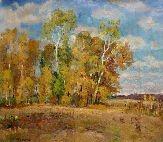 Oil painting Falling golden leaves Alexander Mynka