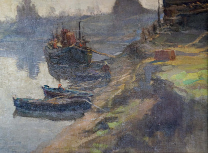 Oil painting Moored boats Romadin N. M.