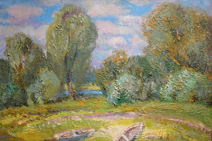 Oil painting Boats on the river bank Alexander Mynka