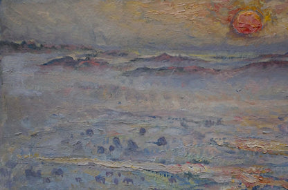 Oil painting Landscape with sunset on a field Unknown artist