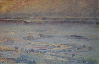 Oil painting Landscape with sunset on a field Unknown artist
