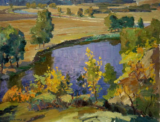 Oil painting Autumn yellow landscape Vladimir Korostelev