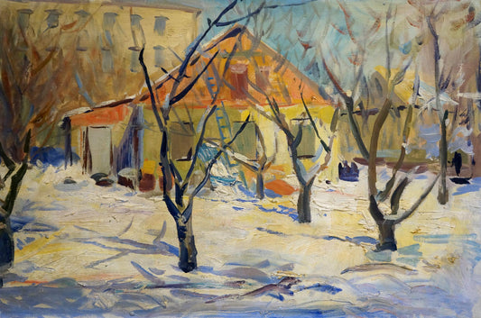 Oil painting Winter town landscape