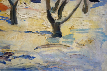 Oil painting Winter town landscape