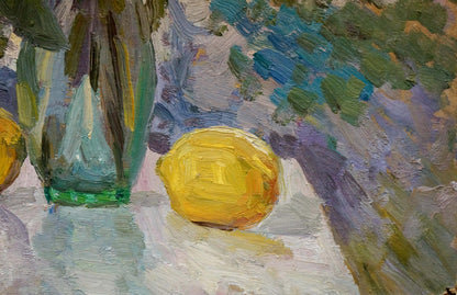 Oil painting Lilacs and tulips on the table Unknown artist
