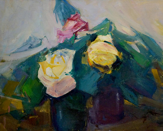 Oil painting Yellow and red roses Leonid Zaborovsky