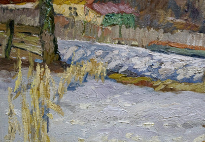 Alexander Fedorovich Mynka created an oil painting featuring houses near the forest