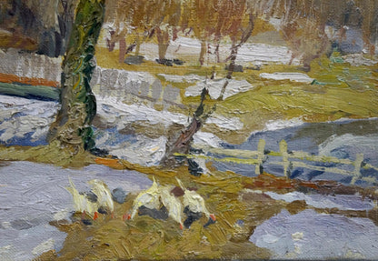 Houses near the forest are the subject of an oil painting by Alexander Fedorovich Mynka