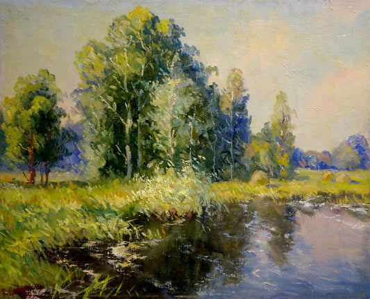 Oil painting Summer landscape with lake Vasily Nepiypivo