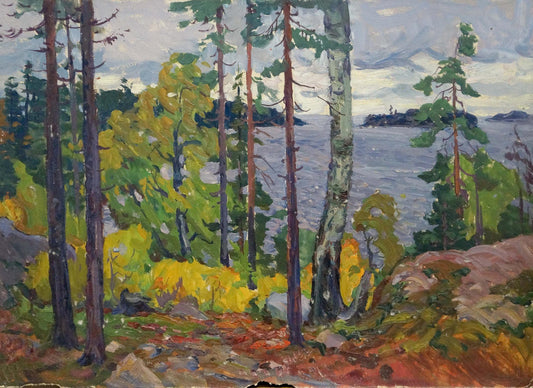 Oil painting Rainy day by the river Anatoly Fomin