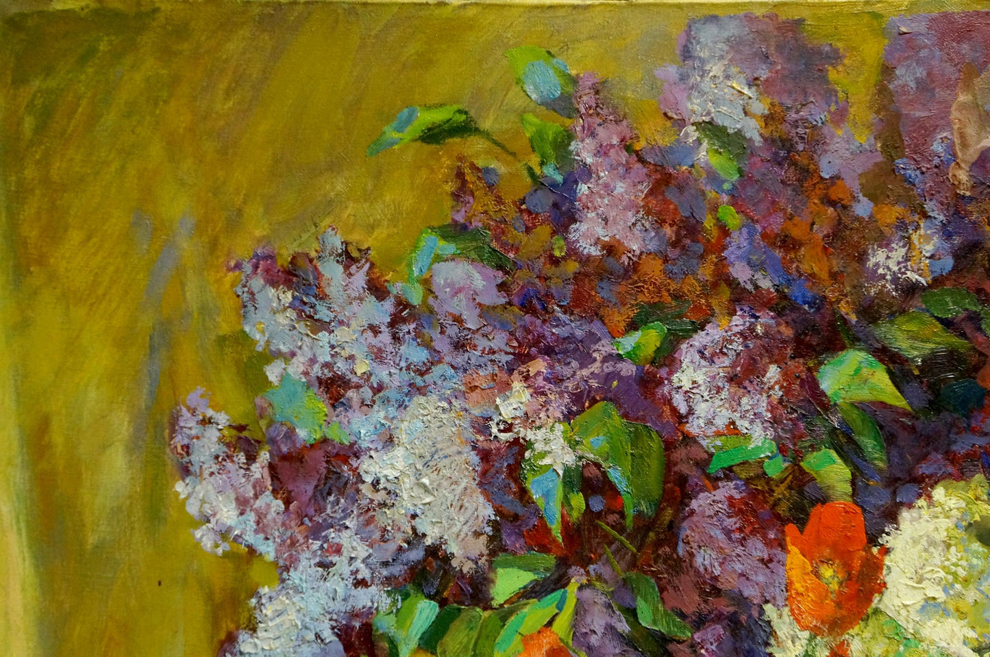 Oil painting Lilacs and tulips on the table Leonid Zhabinsky