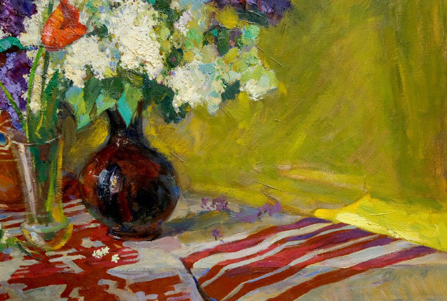 Oil painting Lilacs and tulips on the table Leonid Zhabinsky