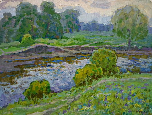 Oil painting In the summer by the river Ruban Grigory Savelievich