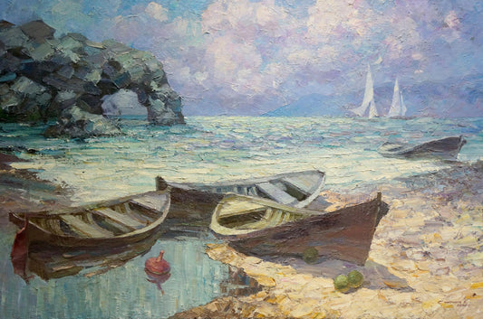 Oil painting Boats near the shore Smirnov Evgeny Vladimirovich