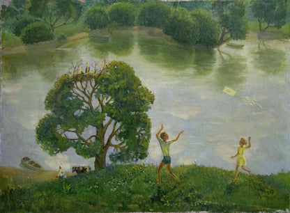 Oil painting Children walk by the pond