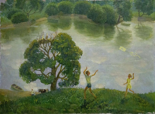 Oil painting Children walk by the pond