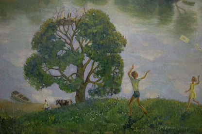 Oil painting Children walk by the pond