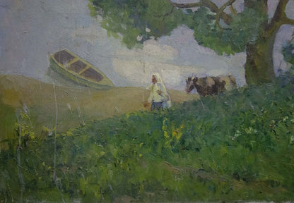 Oil painting Children walk by the pond