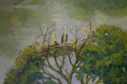 Oil painting Children walk by the pond