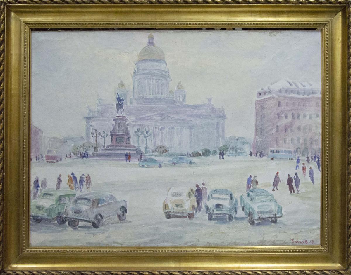 Oil painting Bustling city square Yakov Basov