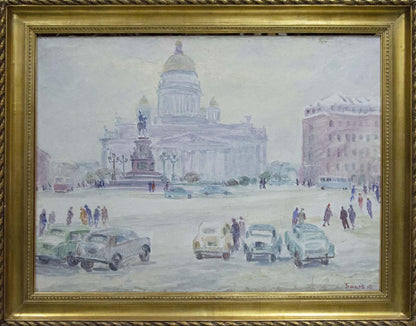 Oil painting Bustling city square Yakov Basov