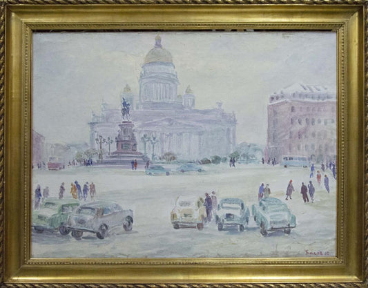 Oil painting Bustling city square Yakov Basov