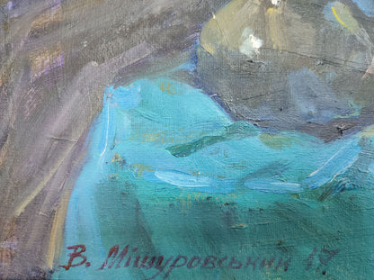 Mishurovsky V. V.'s Artistry: Chrysanthemums on Blue in Oil