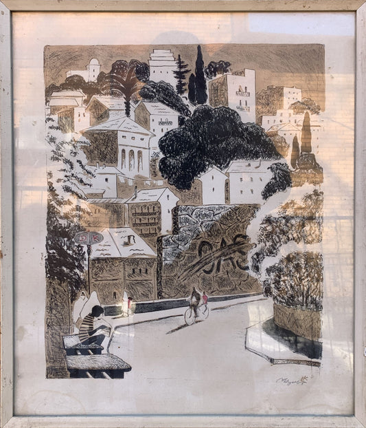 Color autolithography painting quiet street Kulagina L.