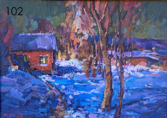 Winter evening oil painting