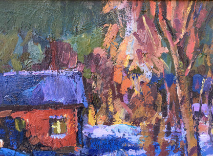 Winter evening oil painting