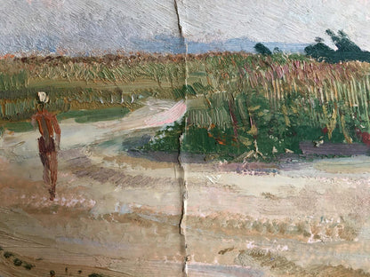 Oil painting Man walks across the field
