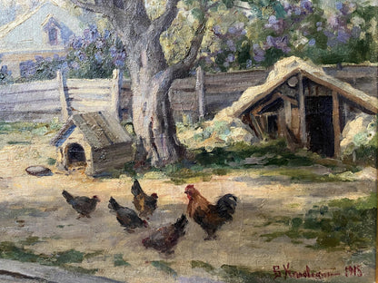 Oil painting Barnyard birds Vladimir Ivanovich Kozlovsky
