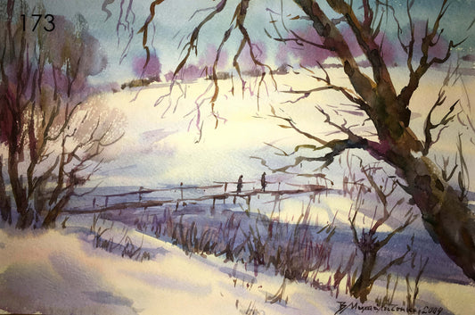 Winter landscape watercolor painting Viktor Mikhailichenko