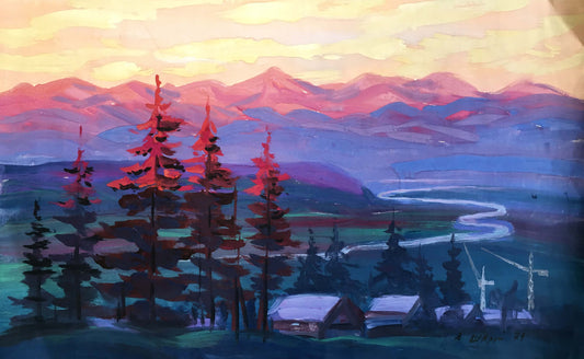 Oil painting Evening mountain landscape Shary Anatoly Ivanovich