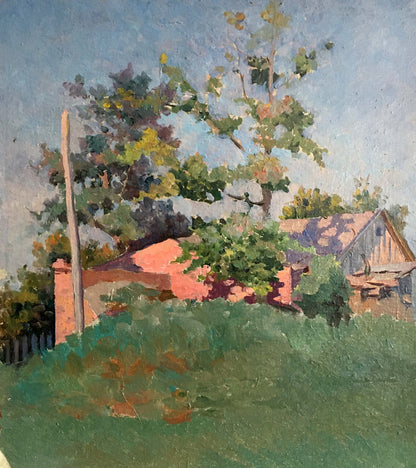 Oil painting The house is hidden among the trees Unknown artist