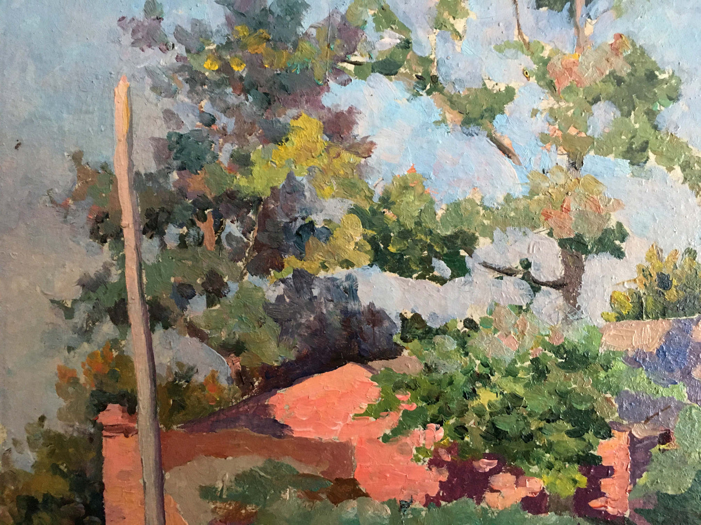 Oil painting The house is hidden among the trees Unknown artist