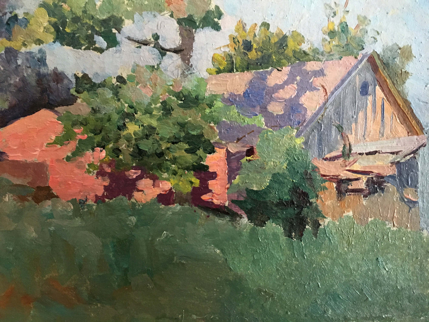 Oil painting The house is hidden among the trees Unknown artist