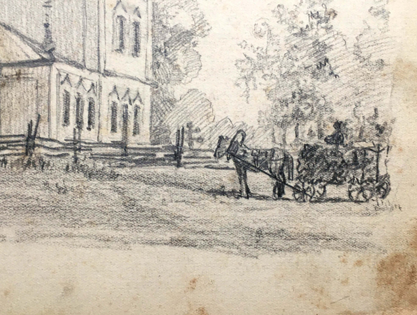 Pencil painting Landscape with a village church Dmitry Lednev