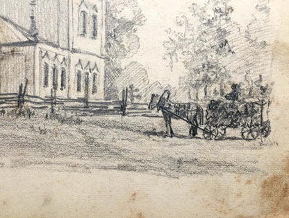 Pencil painting Landscape with a village church Dmitry Lednev