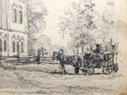 Pencil painting Landscape with a village church Dmitry Lednev