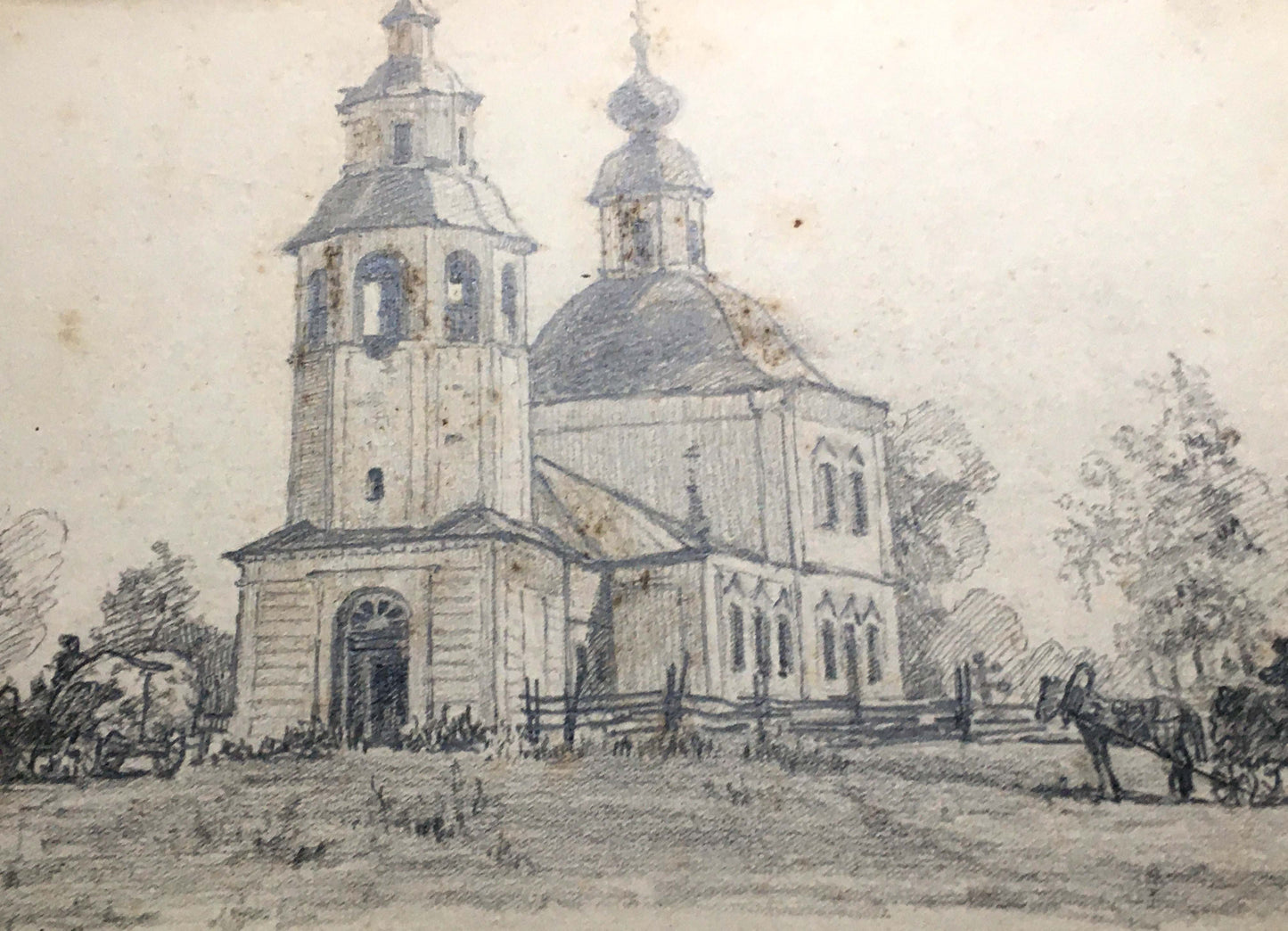 Pencil painting Landscape with a village church Dmitry Lednev