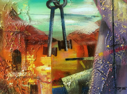 Abstract oil painting Fish over the city Anatoly Borisovich Tarabanov