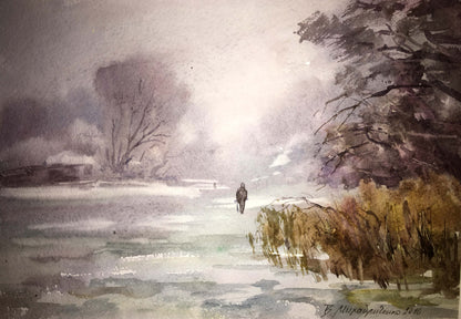 Winter forest watercolor painting Viktor Mikhailichenko