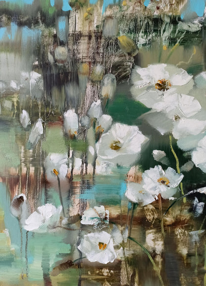 Abstract oil painting White poppies Anatoly Borisovich Tarabanov