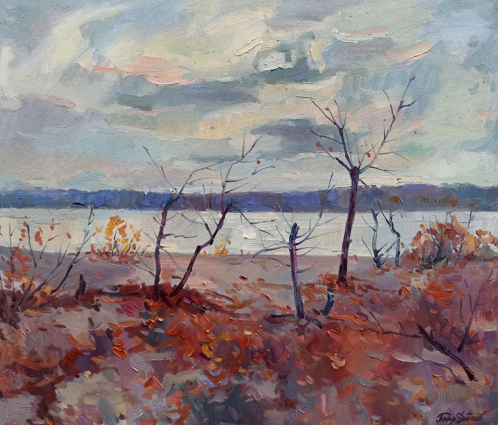 Oil painting Riverbank in Autumn Colors Peter Dobrev