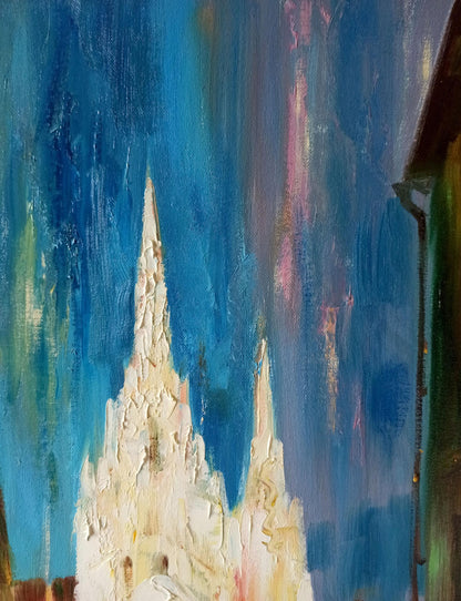 The abstract oil painting by Anatoly Borisovich Tarabanov showcases the city's nocturnal charm