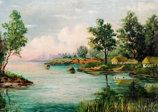 Oil painting Houses by the river Unknown artist