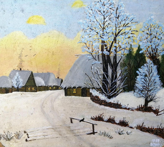 Oil painting Winter evening in the village Unknown artist